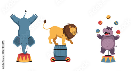 Circus animals performing amazing feats of balance and juggling for a delighted audience.