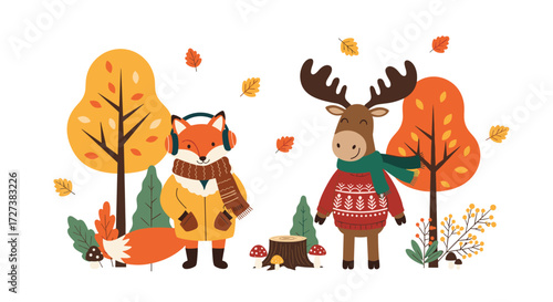 Autumn forest friends cute fox and moose enjoying the fall season together.