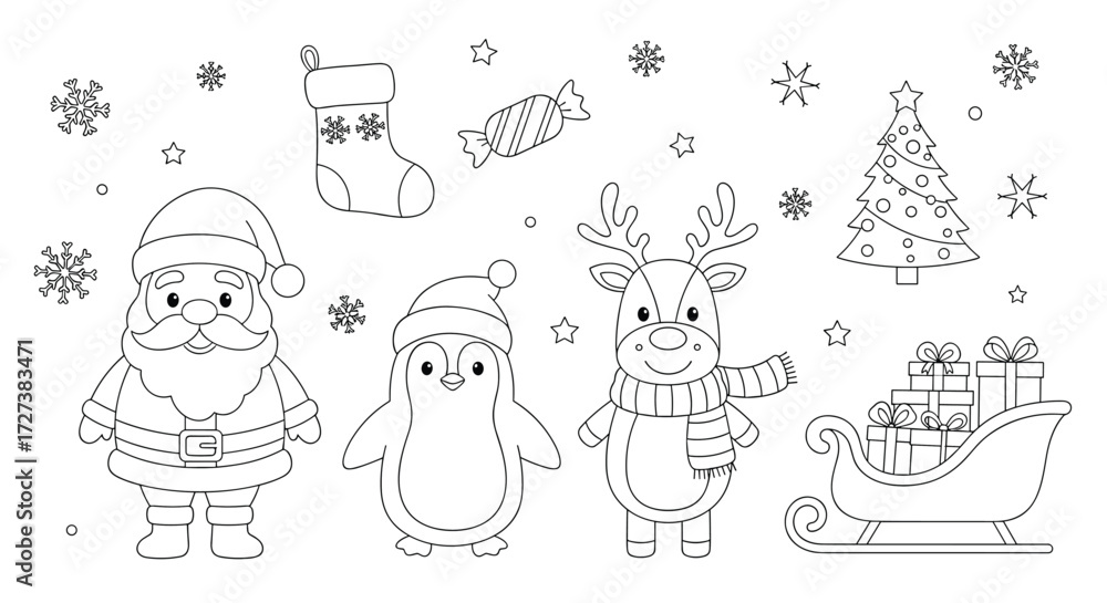 Fototapeta premium Cute collection of christmas themed characters and objects perfect for holiday season decorations.