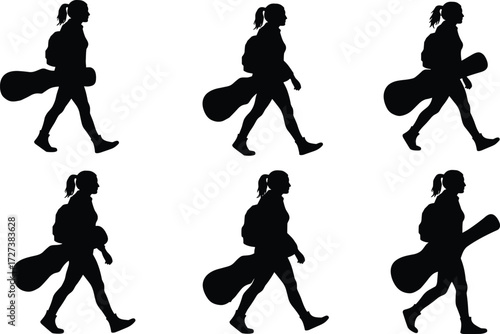 Silhouette sequence of woman walking with guitar case and backpack, ponytail hairstyle, casual clothing, motion study, vector illustration design