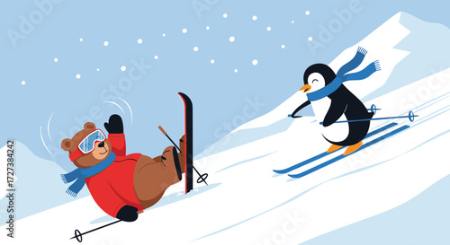 A bear and a penguin enjoying a snowy day skiing down a mountain.