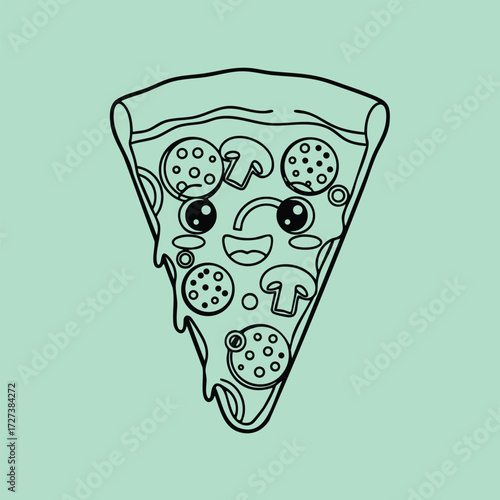 A cheerful cartoon slice of pizza featuring toppings like mushrooms and pepperoni with a playful expression.