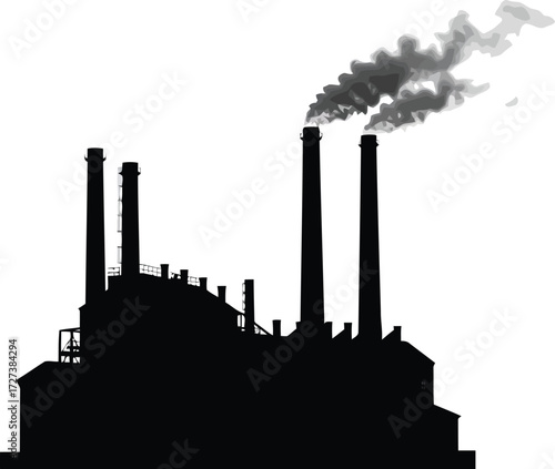 Industrial power plant smokestacks emitting smoke silhouette isolated on vector