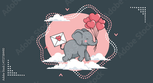 An adorable elephant carrying a love letter and balloons in the sky.