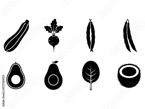 Vector graphic icon set of healthy organic vegetables and fruits in a simple black silhouette style