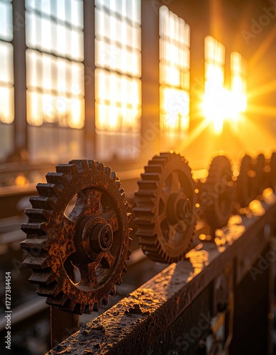Rusty Industrial Gears Illuminated by Golden Sunset Rays in Abandoned Factory.