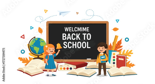 Welcome back to school with open books and cheerful students celebrating the start of a new academic year.