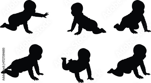 Silhouette vector illustration of crawling baby in multiple poses, symbolizing childhood growth, infant development, early learning, parenting, family care, innocence
