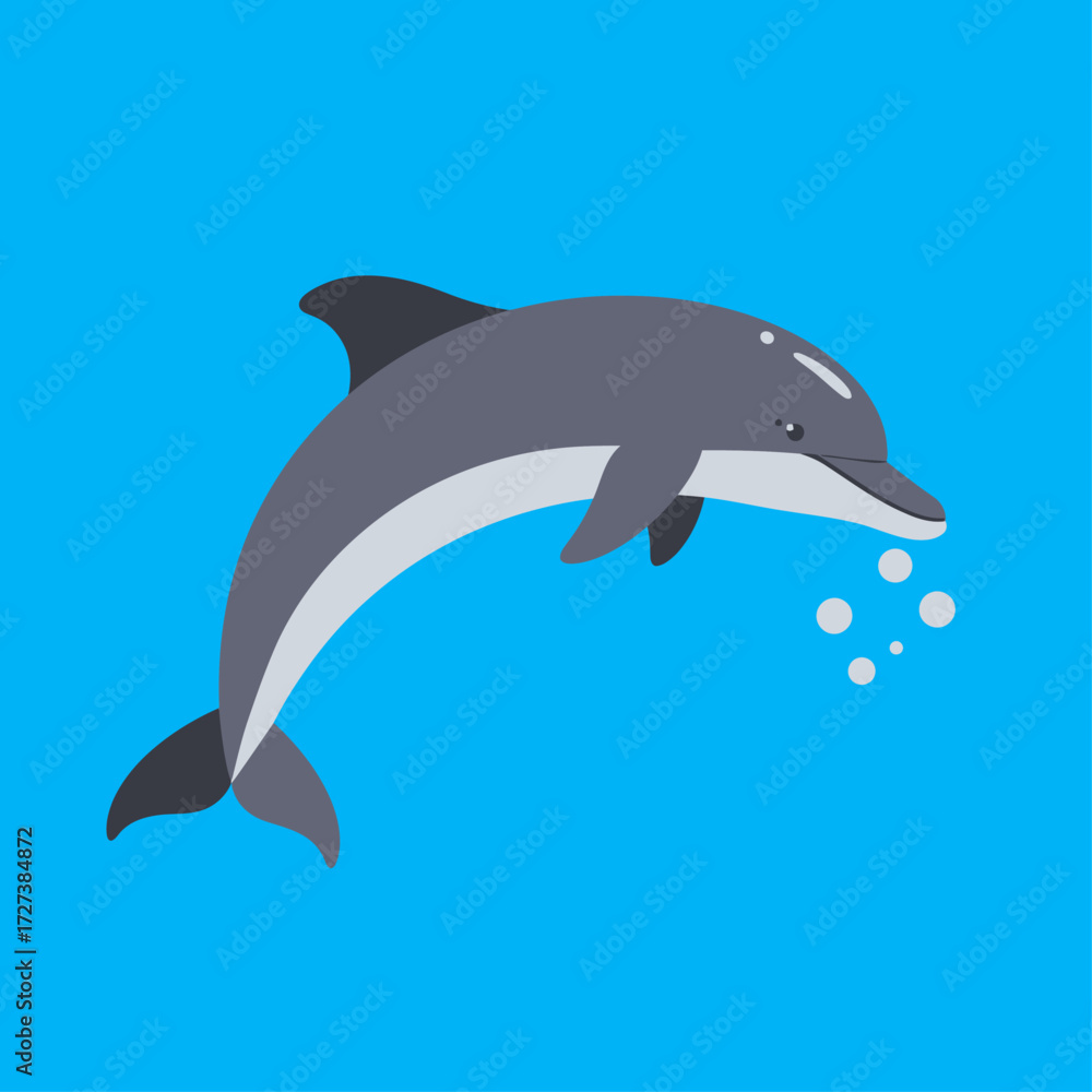 Fototapeta premium A cartoon gray dolphin with a white belly jumping out of blue water, with small bubbles near its mouth.