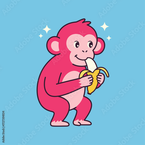 A cute pink monkey happily eating a banana with sparkles around its head.