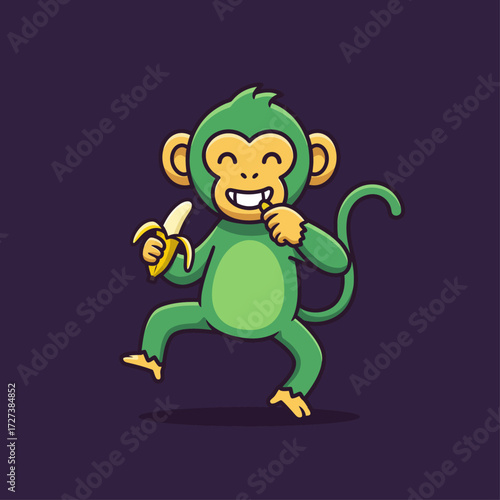 A cheerful green monkey happily eating a banana, showcasing a playful and cartoonish illustration.