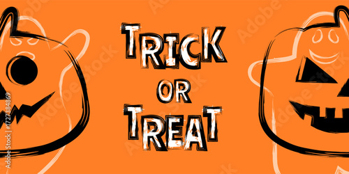 trick or treat   halloween greeting card  banner design  with scary  pumpkins  faces and ghosts brush strokes orange vector illustration