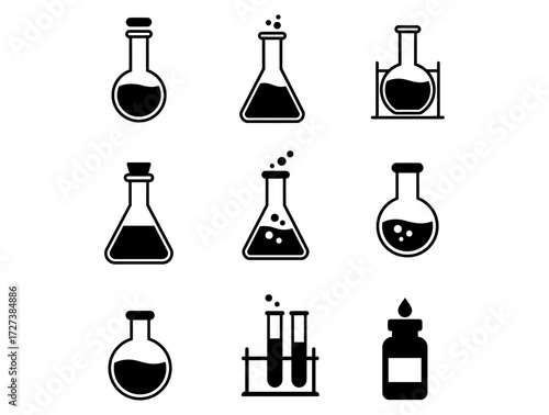 Set of scientific laboratory flasks and bottles, vector illustration of chemical lab equipment icons