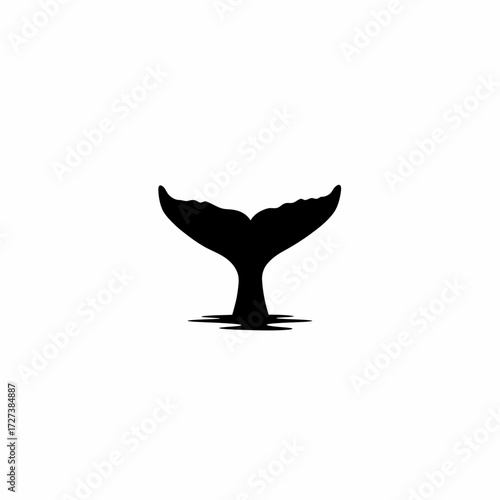 A minimalist black silhouette of a whale's tail fluke diving into the water against a white background.