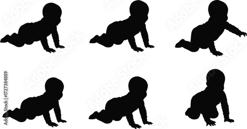 Silhouette vector illustration of crawling baby in multiple poses, symbolizing childhood growth, infant development, early learning, parenting, family care, innocence