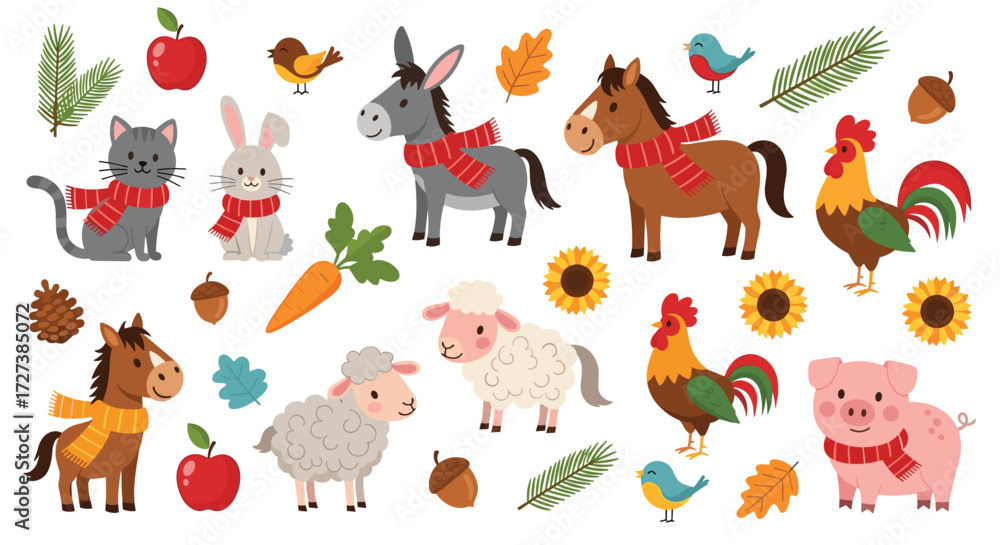Obraz premium A charming collection of adorable farm animals dressed in cozy autumn attire and surrounded by seasonal elements.