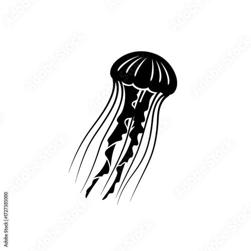 A stylized black and white illustration of a jellyfish with long, flowing tentacles.