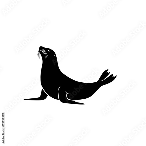 Black silhouette of a seal looking up, isolated on a white background, depicting a marine mammal.