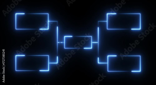 It features a structure of interconnected rectangles outlined in blue neon, suggesting a hierarchy or flow. 4k animation videos