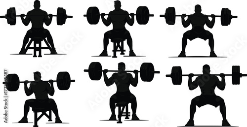Silhouette vector illustration of fitness man performing squat exercises with dumbbell and barbell, strength training workout poses for gym design