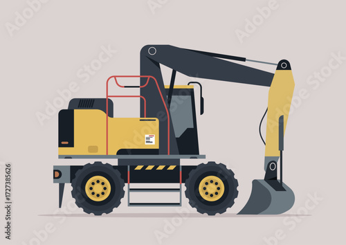 A robust excavator is shown in side view, highlighting its powerful features, This industrial vehicle stands ready for construction work in an urban setting, showcasing its design and capability