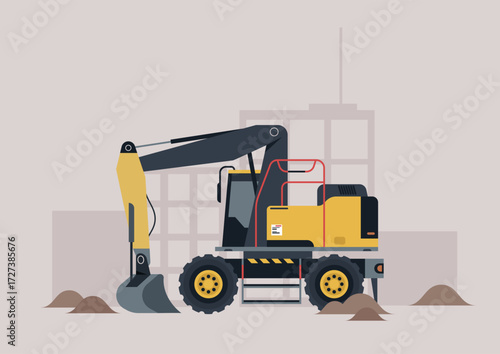 Heavy machinery works tirelessly at a construction site, with an excavator positioned to dig and move soil, shaping the area for upcoming structures against a backdrop of building frames