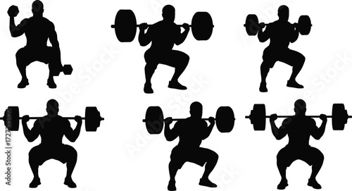 Silhouette vector illustration of fitness man performing squat exercises with dumbbell and barbell, strength training workout poses for gym design
