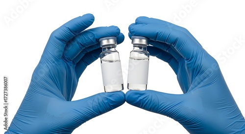 Two gloved hands holding vaccine vials against a plain white backdrop in a studio setting
