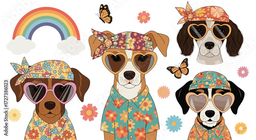 A group of dogs dressed in bohemian clothing with colorful accessories including heart-shaped sunglasses and headbands.