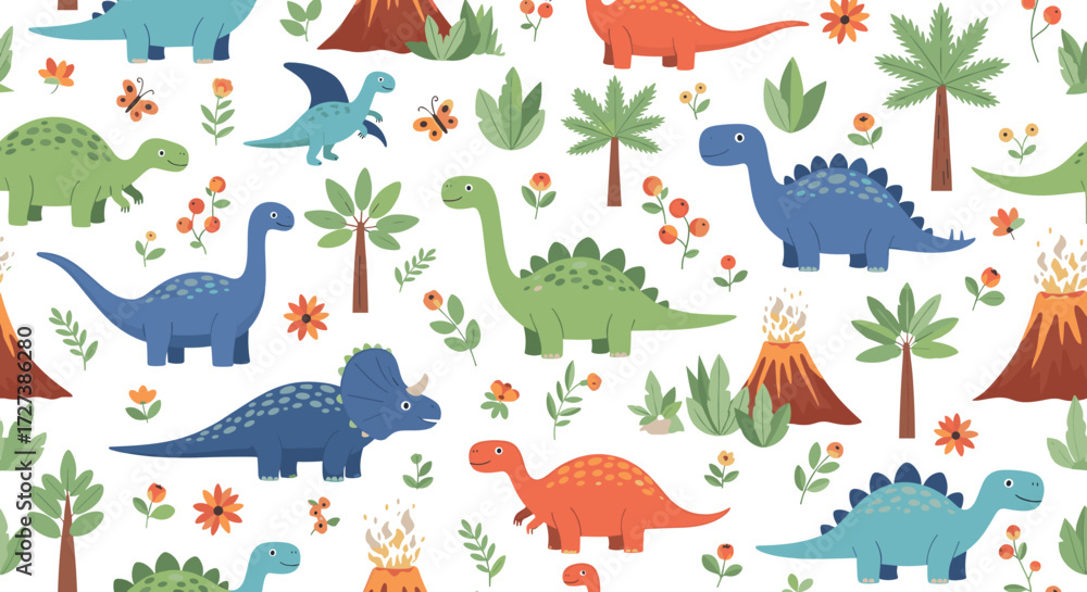 Fototapeta premium A charming pattern featuring a variety of friendly dinosaurs and prehistoric plants.