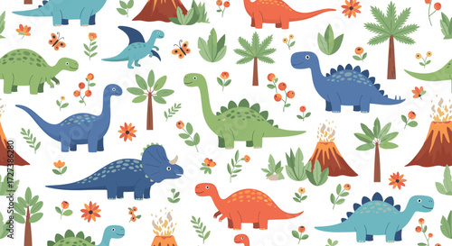 A charming pattern featuring a variety of friendly dinosaurs and prehistoric plants.