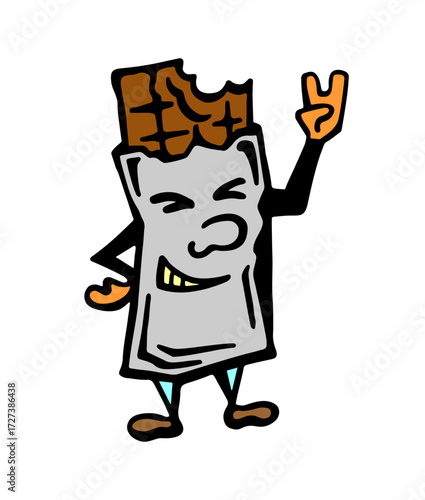 Vector color illustration with the image of a character of a chocolate bar unpacked and bitten off with hands and a two-finger gesture, on a white isolated background