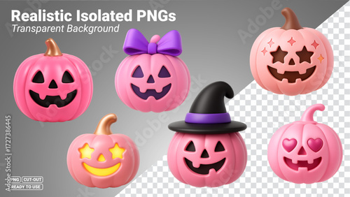 Pink Jack O Lantern Emoji Pumpkins with Witch Hat Bow and Heart Eyes Transparent PNG file ready to be used.
