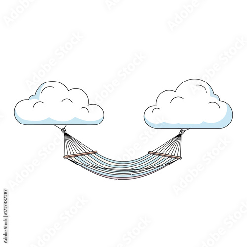 A hammock suspended between two fluffy white clouds against a white background, symbolizing relaxation and dreams.