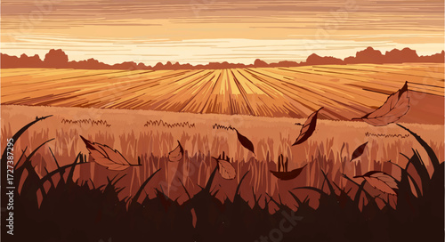 Falling Leaves in Autumnal Field Illustration


