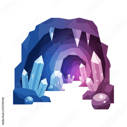 A colorful illustration of a cave filled with crystals and gems.