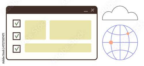 Browser window with checklist, checklist items, cloud, globe with marked points. Ideal for productivity, project planning, remote collaboration, globalization, technology cloud workflow task