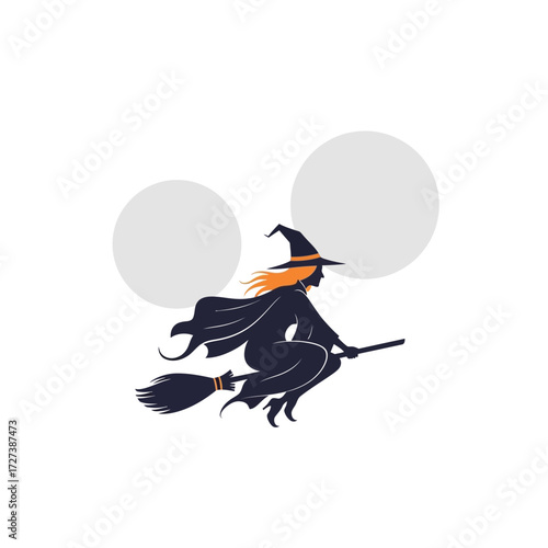 A silhouette of a witch with flowing orange hair flying on a broomstick in front of two large moons.
