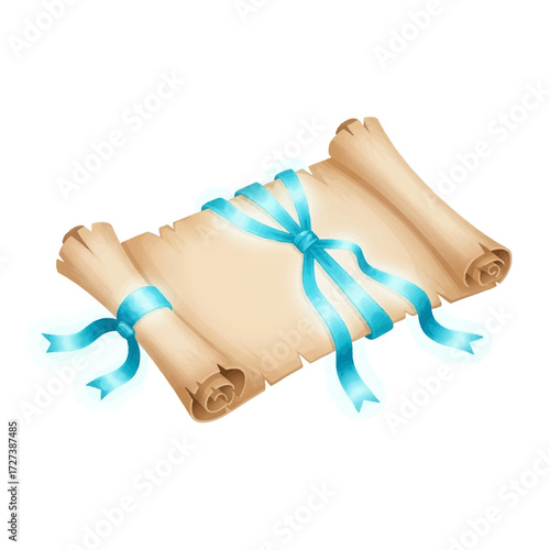 A rolled-up parchment scroll tied with a bright blue ribbon, presented as a gift or award.