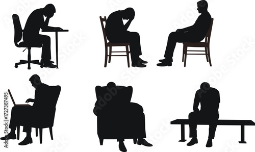 Silhouette vector illustration of stressed people sitting in different poses, symbolizing depression, anxiety, sadness, mental health, loneliness, emotional struggle, contemplation