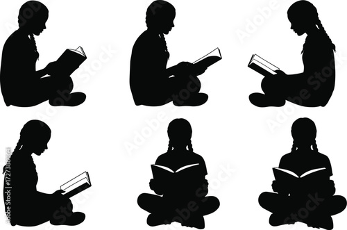 Silhouette vector illustration of woman reading book cross legged, braided hair, education concept, learning posture, relaxing study design artwork