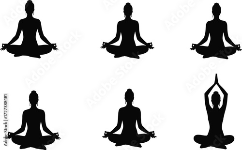 Silhouette vector illustration of yoga meditation poses with seated lotus and prayer positions promoting mindfulness, relaxation, wellness, balance, and spirituality