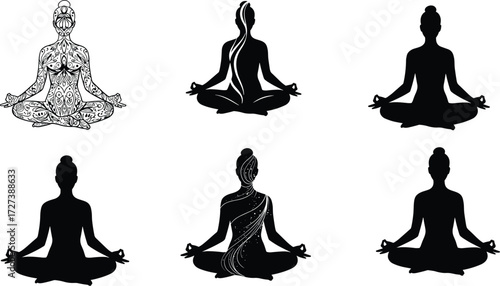 Silhouette vector illustration of yoga meditation poses with seated lotus and prayer positions promoting mindfulness, relaxation, wellness, balance, and spirituality