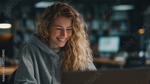 Wallpaper Mural Smiling Woman with Curly Hair Working on Laptop in Cozy Environment Torontodigital.ca