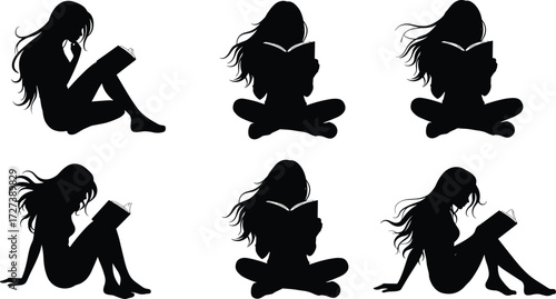 Silhouette women reading books in different sitting positions, relaxing study lifestyle, education concept, leisure activity, literature illustration, vector design art