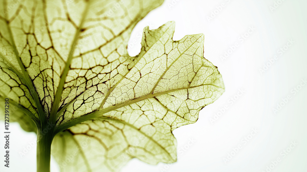 Obraz premium weakness. A macro photograph of a young leaf with intricate, damaged vein patterns, symbolizing hidden vulnerability. gardening catalogs.
