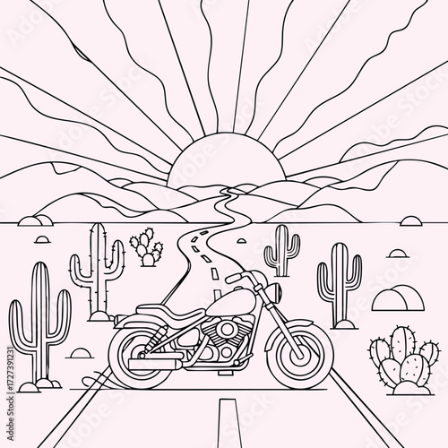 A motorcycle parked on a winding road with a sunset backdrop and desert landscape featuring cacti.