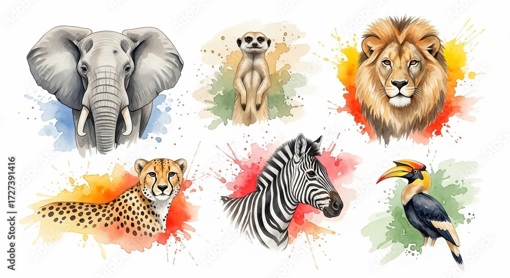Naklejka premium Watercolor African Safari Animals Collection Majestic Lion, Playful Meerkat, Elegant Elephant, Cheetah, Zebra, and Toucan in Vibrant Splashes of Paint Art