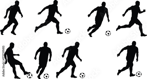 Soccer player silhouettes with ball in dynamic action poses, dribbling, running, kicking, football training, sports competition, athletic movement vector illustration