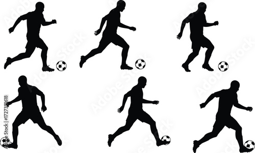 Soccer player silhouettes with ball in dynamic action poses, dribbling, running, kicking, football training, sports competition, athletic movement vector illustration